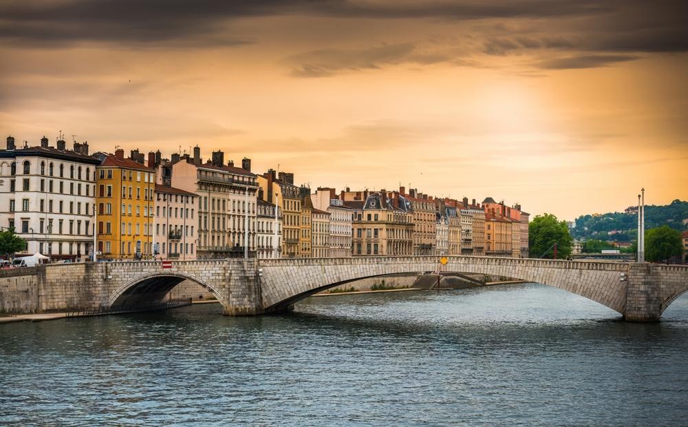 Sunset view from the Bonaparte Bridge, Lyon, France