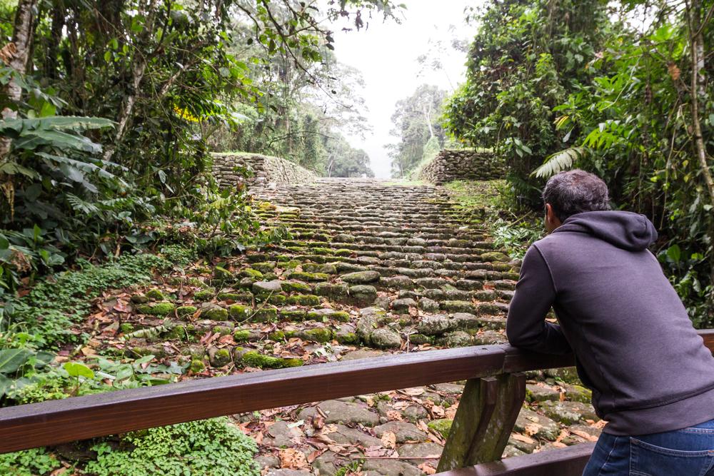 Man standing on a bridge admiring the ruins of an ancient civilization, Turrialba, Costa Rica