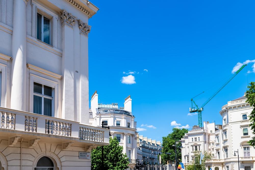 Old Georgian-style terraced house looking towards Belgrave Square in Belgravia or Mayfair, London, UK