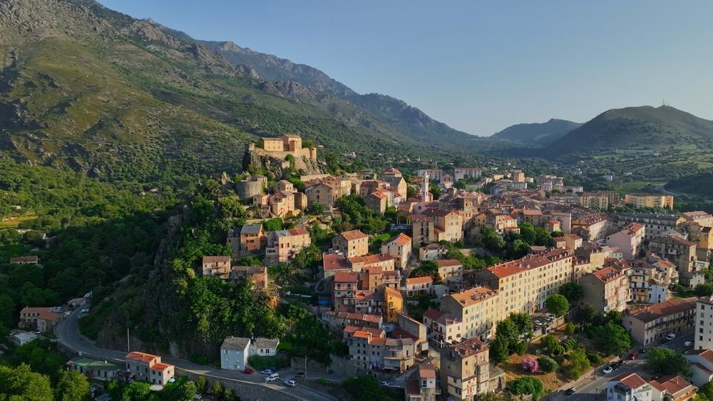 Aerial view of the old town of Corte, Corsica, France