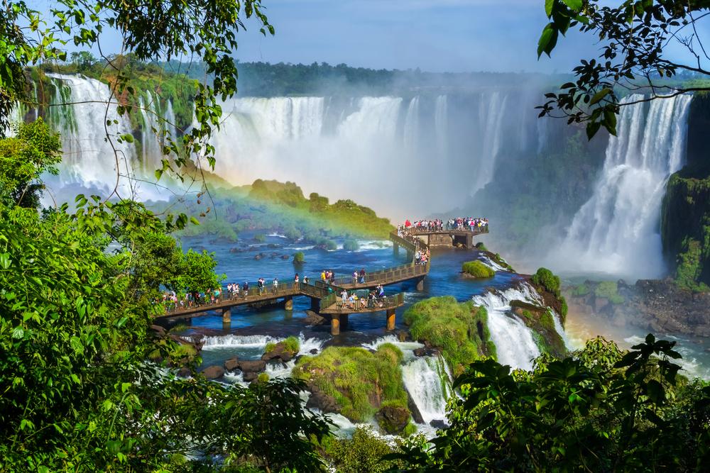 Tourists at Iguazu Falls between Brazil and Argentina