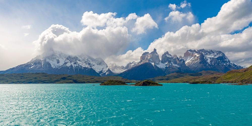 Panorama of the peaks of Cuernos next to Lake Pehoe, Torres del Paine National Park, Patagonia, Chile