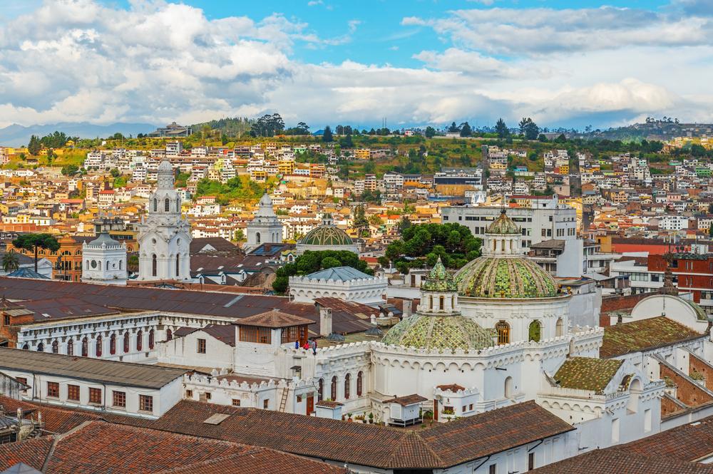 Aerial view of the historic city of Quito with the dome of the Church of the Society of Jesus, Ecuador