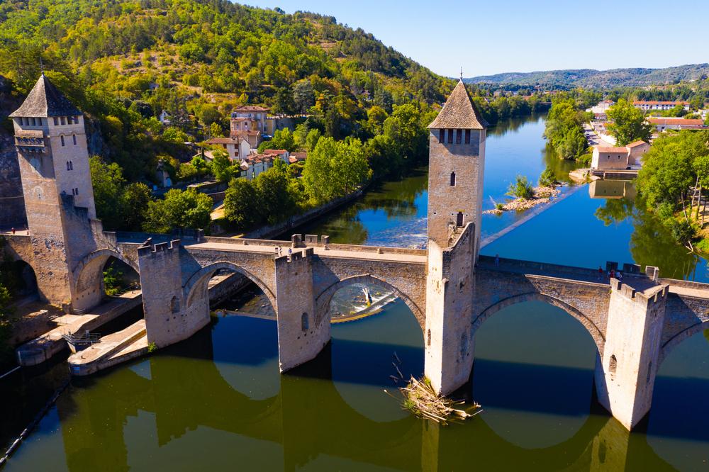 Aerial view of the Valentre bridge Cahors, France