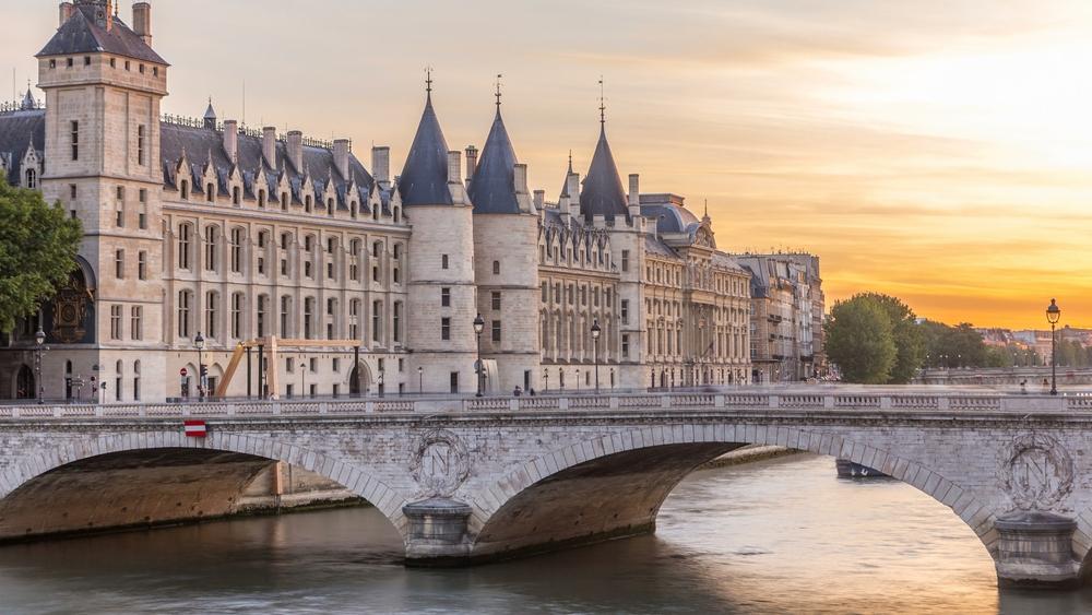 Sunset over the Seine River and the Conciergerie, Paris, France