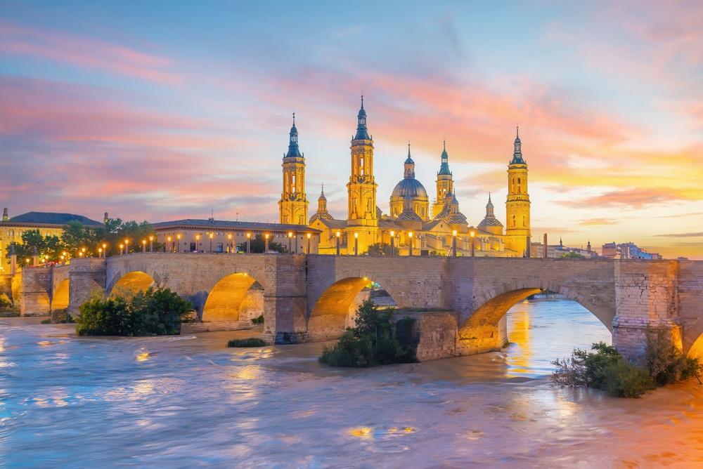Basilica of Our Lady of the Pillar at sunset, Zaragoza, Spain