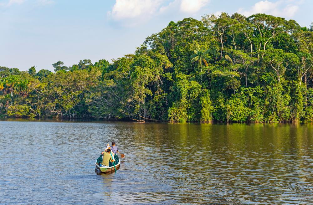 People birdwatching tour by canoe, Yasuni National Park, Ecuador