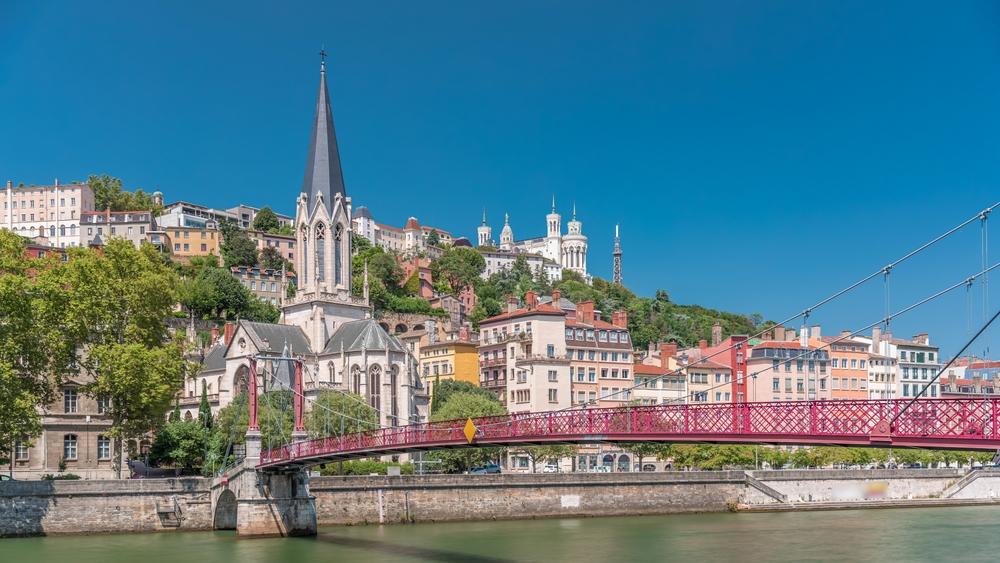 The Church of Saint George, the Quais de Saone and the Basilica of Fourvière, Lyon, France