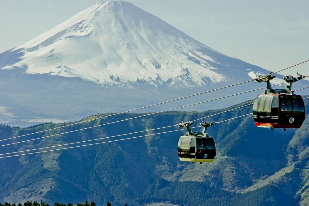 Cable cars, Mount Fuji on a clear day, Hakone, Japan