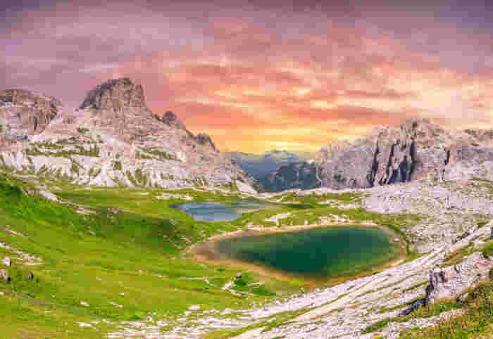 Sunset in Piani Lakes. Dolomitas. Three Peaks of Lavaredo Dolomites