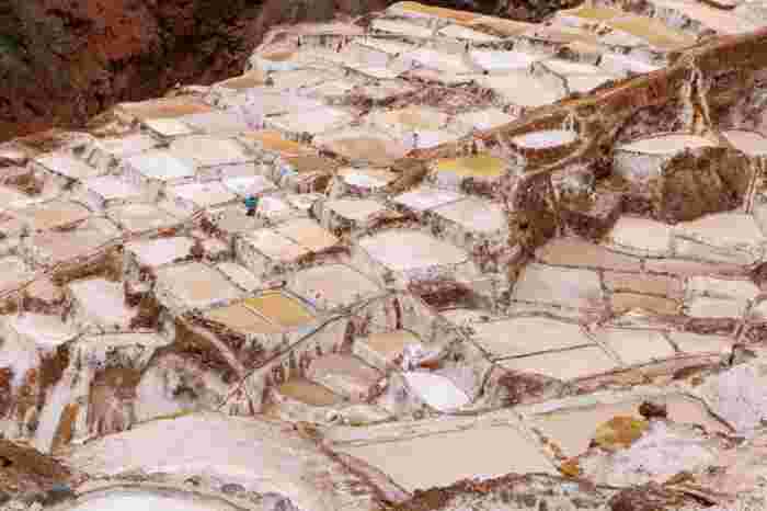 Terraced salt evaporation ponds at Maras Salt Mines forming a patchwork of white and beige pools.