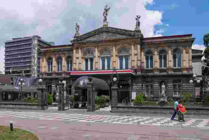 Neoclassical facade of the National Theatre of Costa Rica in downtown San José