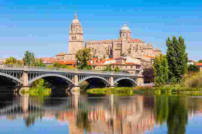 Salamanca Cathedral is reflected in the Tormes River with a stone bridge and historic architecture in the background. 