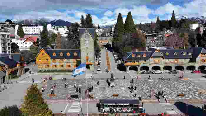 Civic Centre and snowy Andes mountains in Bariloche, Argentina