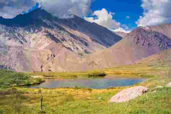 Andes mountain landscape and lagoon near Mendoza, Argentina 