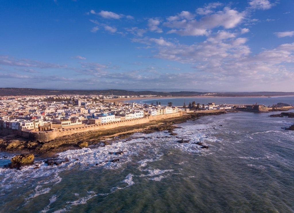 Aerial view of Essaouira's fortified coastline and whitewashed medina