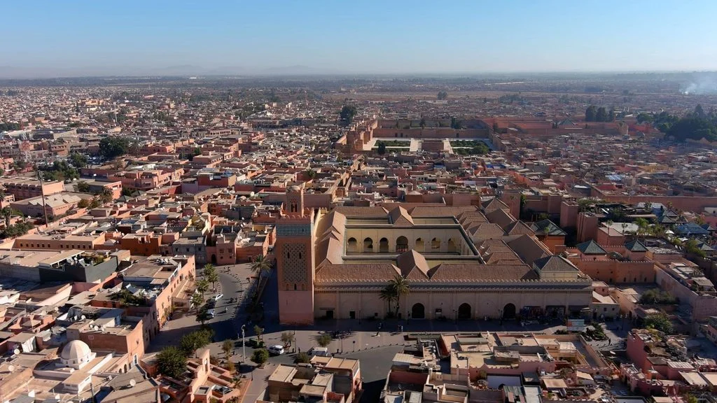 Aerial view of the Koutoubia Mosque rising above Marrakech's rooftops 