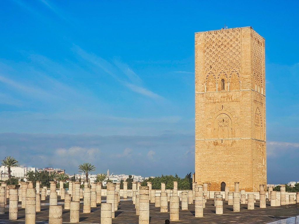 Hassan Tower rising above ancient stone columns in Rabat 